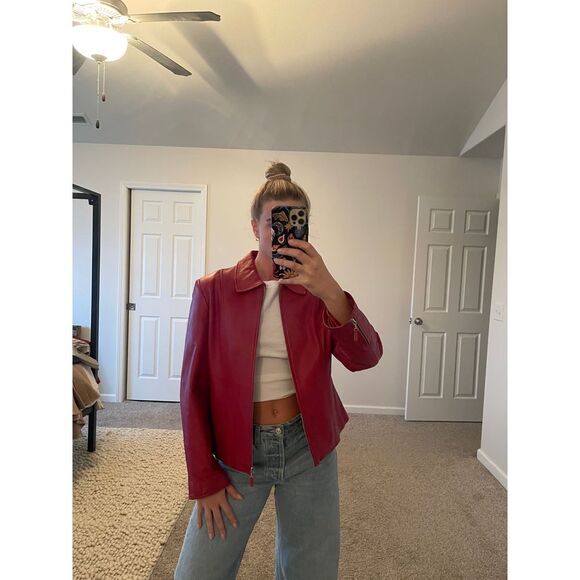 Vintage Pamela McCoy Connections Red Leather Zip-front Jacket‎ - Picture 1 of 11